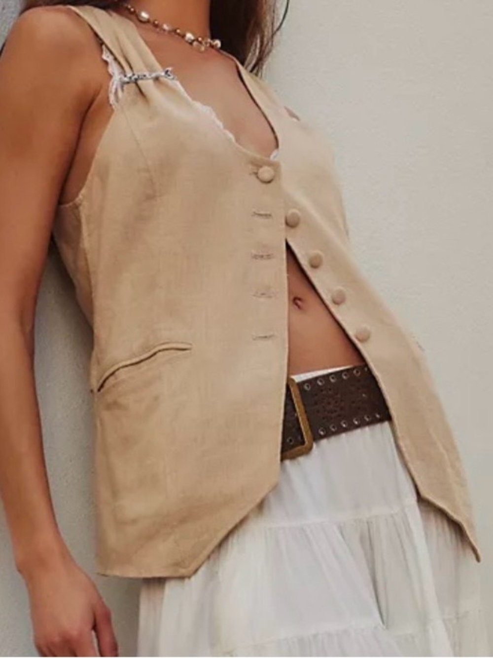 Free People Millie Linen Vest Beige Large